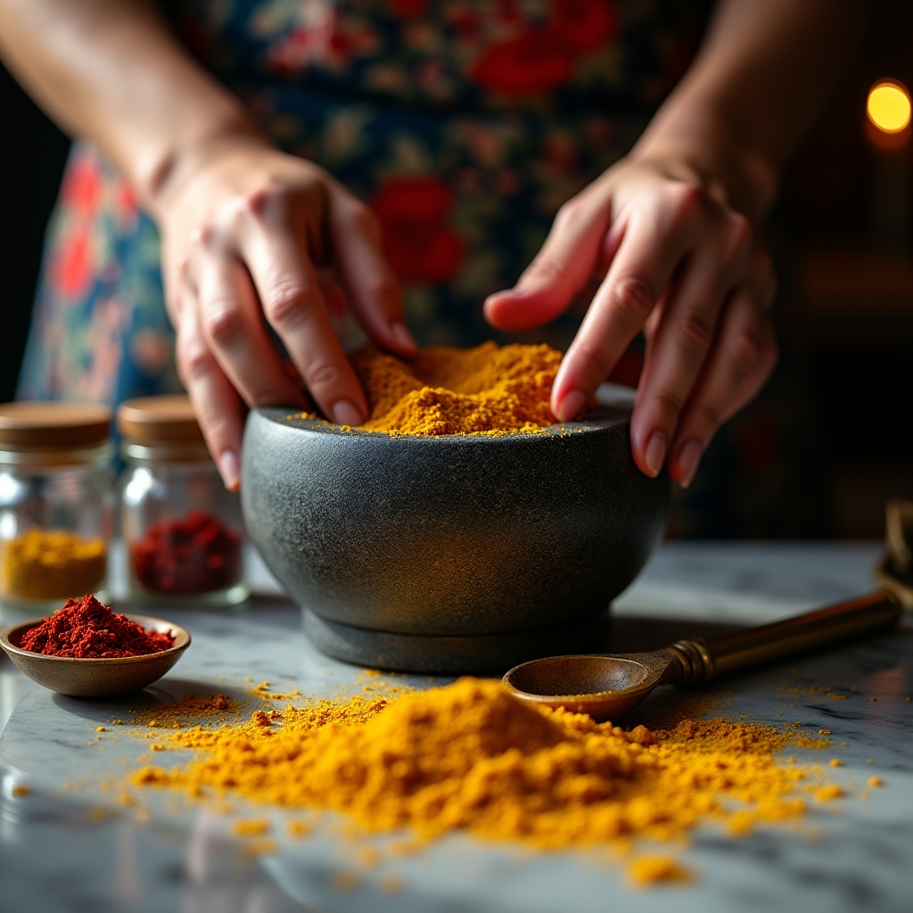 Mani che mescolano spezie colorati in piccole ciotole durante una lezione di cucina indiana