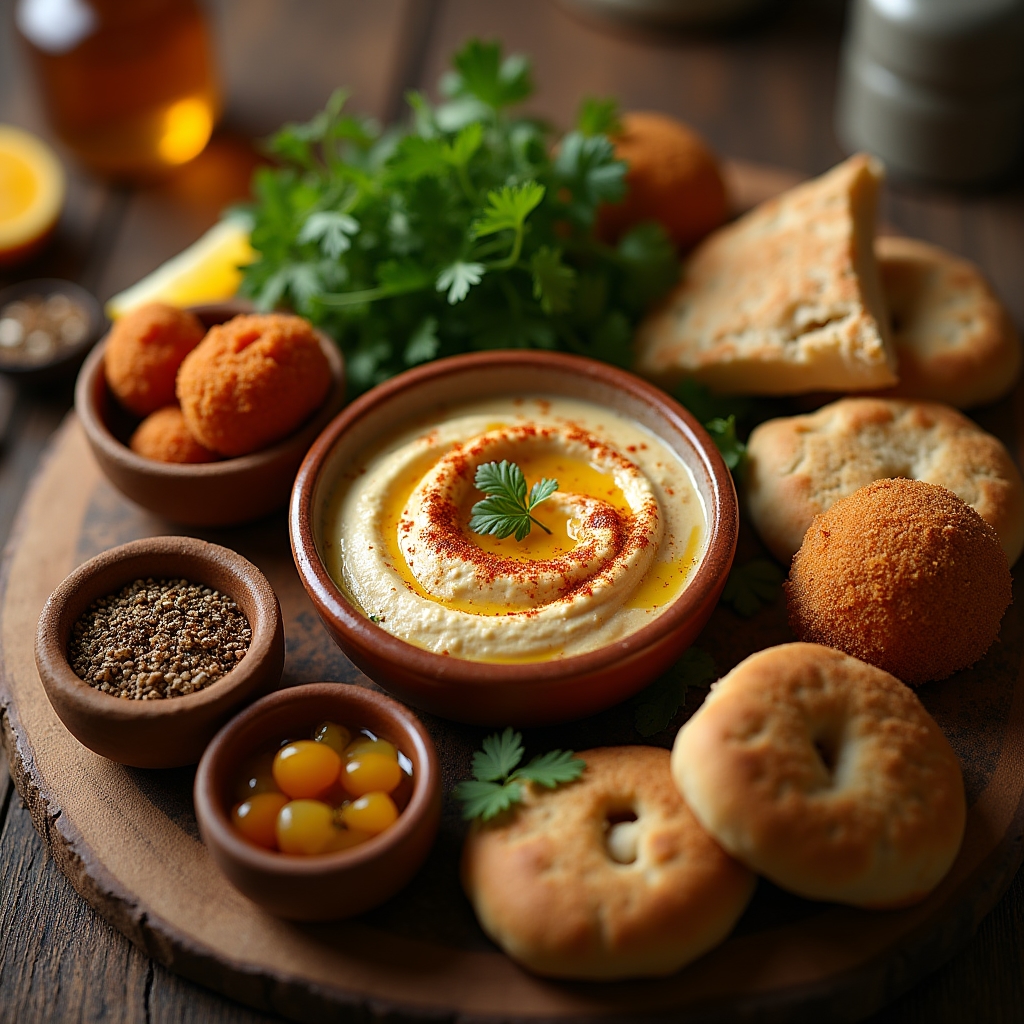 Hummus cremoso decorato con paprika, olio e prezzemolo accanto a pane pita fatto in casa