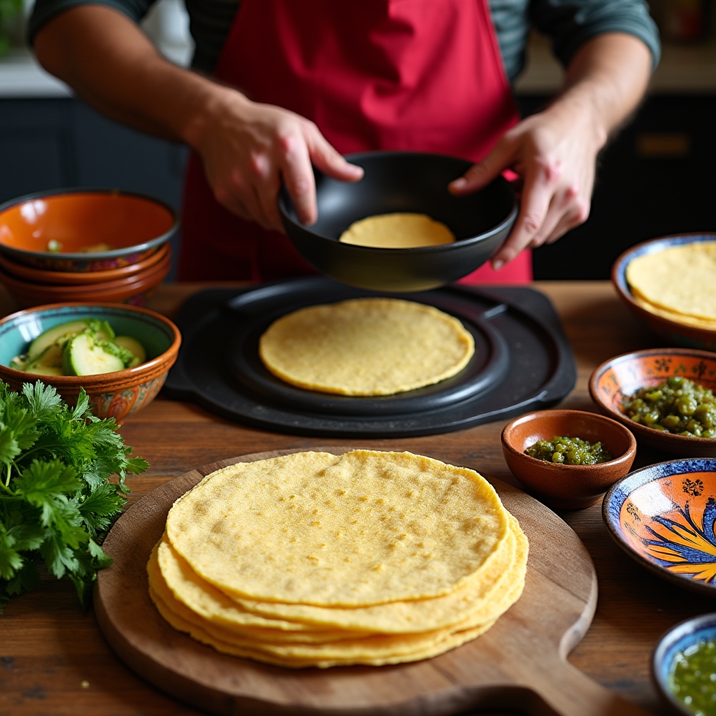 Tortillas fresche e ingredienti colorati per tacos su un piano di lavoro durante una lezione messicana