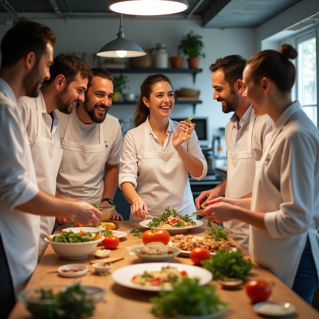 Piccolo gruppo di adulti che cucina insieme in un laboratorio luminoso e accogliente a Genova