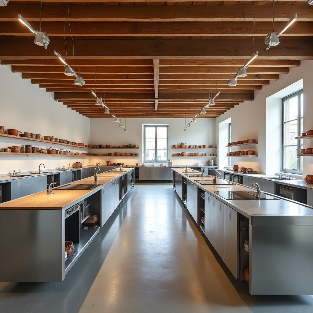 Interno del laboratorio di cucina Forinmorx con piano di lavoro attrezzato e luce naturale a Genova
