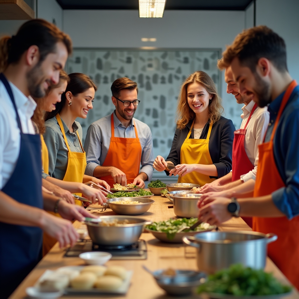 Team aziendale che cucina insieme durante una sessione di laboratorio di cucina internazionale a Genova